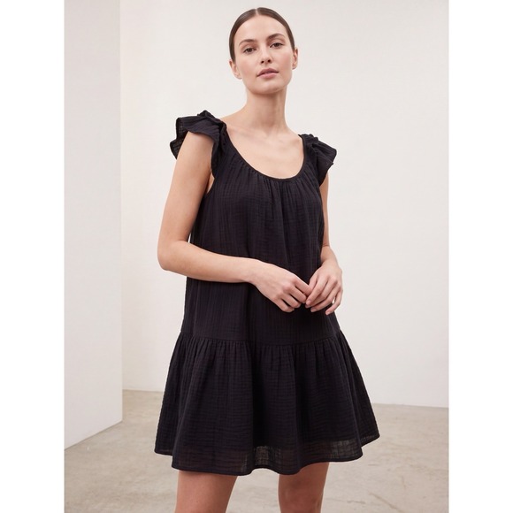 GAP Dresses & Skirts - GAP Black Cotton Gauze Dress Small Ruffle Sleeve Tiered Mini Casual Boho Summer